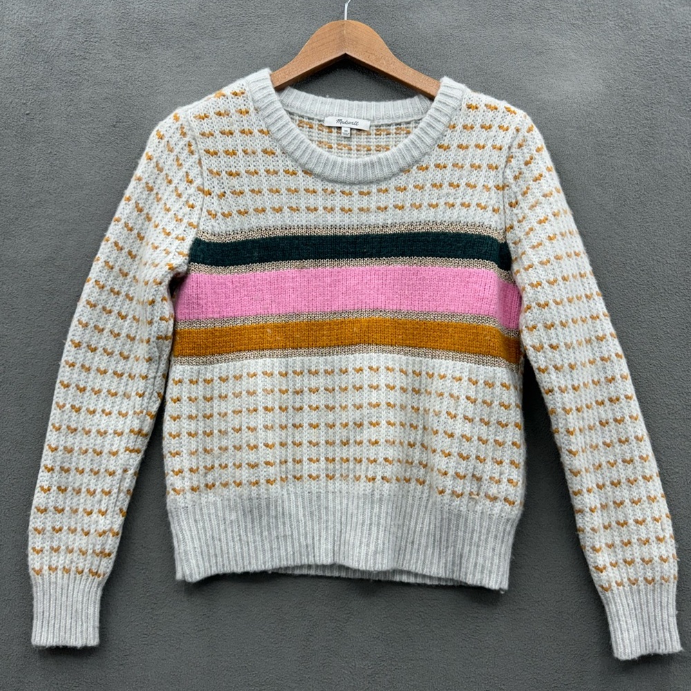 Madewell Cream Knit Crewneck Sweater with Pink, Mustard & Forest Stripes